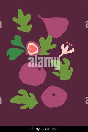 Abstract vertical figs poster, vector flat illustration. Summer or autumn bright pattern with fruit, harvest cover design. Can used for labels, market Stock Vector