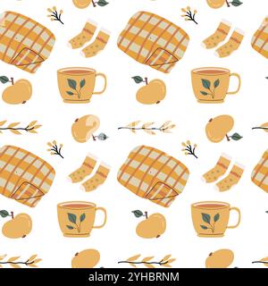 Autumn fall thanksgiving day seamless pattern with cute leaves, things, pumkins. Harvest decoration design. Square background with leaves, acorns, nut Stock Vector