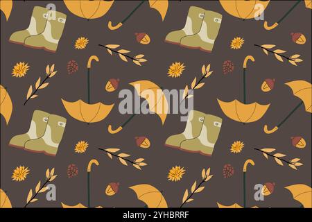 Autumn fall thanksgiving day seamless pattern with cute leaves, things, pumkins. Harvest decoration design. Square background with leaves, acorns, nut Stock Vector
