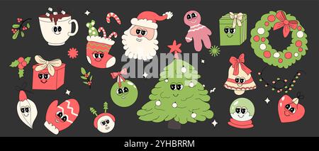 y2k Happy New year and Christmas groovy stickers set. Xmas retro set. Groovy y2k characters and elements. Santa, christmas tree, gift box, socks and o Stock Vector
