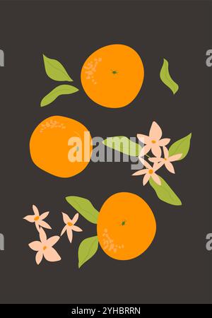 Abstract vertical orange poster, vector flat illustration. Summer or autumn bright pattern with tropical citrous fruit, modern cover design. Can used Stock Vector