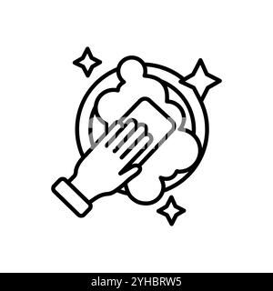 Dish washing sponge line icon. linear style sign for mobile concept and web design. Plate with sponge and bubbles outline vector icon. Symbol, logo il Stock Vector