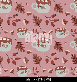 Autumn fall thanksgiving day seamless pattern with cute leaves, things, pumkins. Harvest decoration design. Square background with leaves, acorns, nut Stock Vector