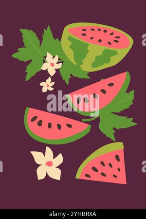 Abstract vertical fruit poster, vector flat illustration. Summer or autumn bright pattern with tropical fruit, harvest cover design. Can used for labe Stock Vector