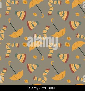 Autumn fall thanksgiving day seamless pattern with cute leaves, things, pumkins. Harvest decoration design. Square background with leaves, acorns, nut Stock Vector