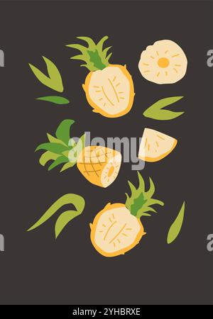 Abstract vertical pineapple poster, vector flat illustration. Summer bright pattern with tropical fruit pineapple, cover design. Can used for labels, Stock Vector