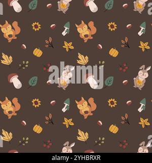 Autumn fall thanksgiving day seamless pattern with leaves, pumkins. Harvest decoration design. Square background with leaves, acorns, nuts. Childrens Stock Vector