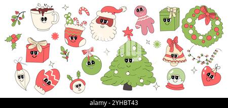 y2k Happy New year and Christmas groovy stickers set. Xmas retro set. Groovy y2k characters and elements. Santa, christmas tree, gift box, socks and o Stock Vector