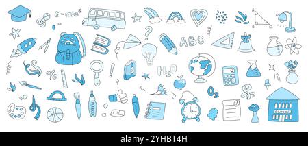 Childrens school doodle elements set. Education stationery supplies, school building, globe, books and other student accessory icons. Stock Vector