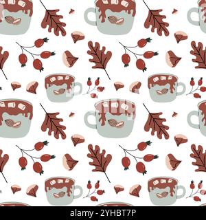 Autumn fall thanksgiving day seamless pattern with cute leaves, things, pumkins. Harvest decoration design. Square background with leaves, acorns, nut Stock Vector