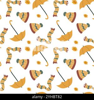 Autumn fall thanksgiving day seamless pattern with cute leaves, things, pumkins. Harvest decoration design. Square background with leaves, acorns, nut Stock Vector