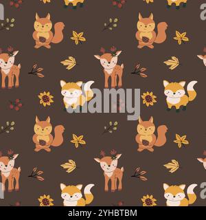 Autumn fall thanksgiving day seamless pattern with leaves, pumkins. Harvest decoration design. Square background with leaves, acorns, nuts. Childrens Stock Vector