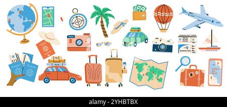 Trip planning world tour concept illustrations set. Travel stickers collection. Summer vacation plane and ship, baloon, car and other transports, holi Stock Vector
