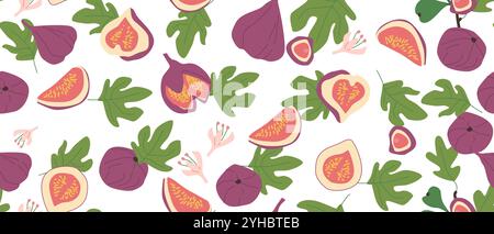 Hand drawn abstract fig pattern with plant parts and sliced food. Seamless pattern for textile, wrapping paper, posters. Fashion textures of fig tree Stock Vector