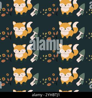 Autumn fall thanksgiving day seamless pattern with leaves, pumkins. Harvest decoration design. Square background with leaves, acorns, nuts. Childrens Stock Vector