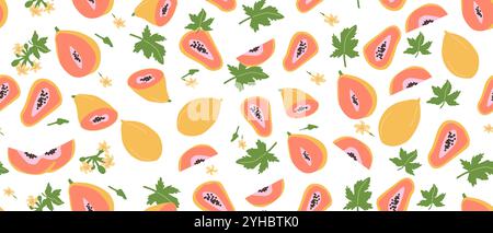 Hand drawn abstract papaya fruit pattern with plant parts and sliced food. Seamless pattern with papaya for textile, wrapping paper, posters. Fashion Stock Vector