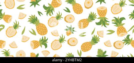 Hand drawn summer bright abstract fruit pattern with pineapple plant parts and sliced. Seamless pattern for textile, wrapping paper, posters. Fashion Stock Vector