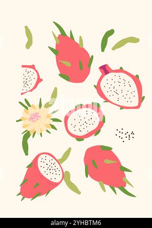 Modern vertical dragon fruit poster, vector flat illustration. Summer or autumn bright pattern with tropical fruit, harvest cover design. Can used for Stock Vector