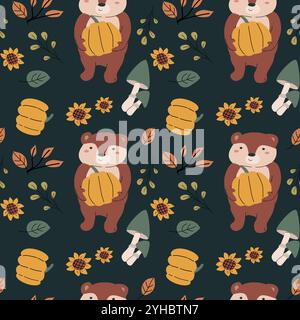 Autumn fall thanksgiving day seamless pattern with leaves, pumkins. Harvest decoration design. Square background with leaves, acorns, nuts. Childrens Stock Vector
