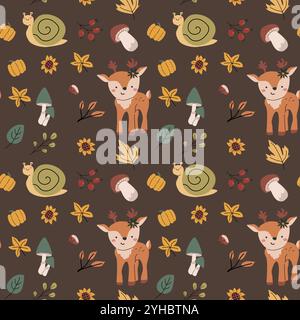 Autumn fall thanksgiving day seamless pattern with leaves, pumkins. Harvest decoration design. Square background with leaves, acorns, nuts. Childrens Stock Vector