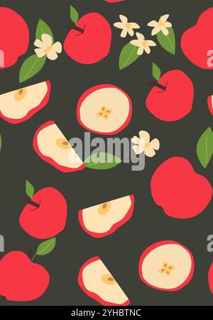 Abstract vertical apple poster, vector flat illustration. Summer or autumn bright pattern with fruit, harvest cover design. Can used for labels, marke Stock Vector