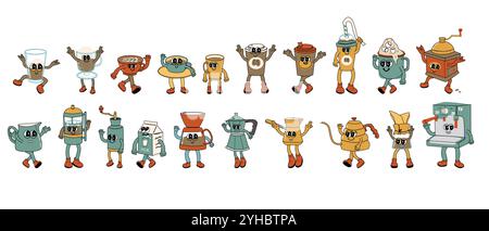 Brewing Coffee Groovy Characters set. Isolated on white. Cute y2k hot drink brewing stickers. Coffee machine and glass, cups retro collection. Stock Vector