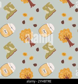 Autumn fall thanksgiving day seamless pattern with cute leaves, things, pumkins. Harvest decoration design. Square background with leaves, acorns, nut Stock Vector