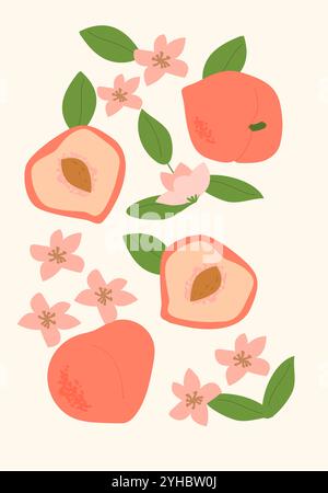 Abstract vertical peach poster, vector flat illustration. Summer or autumn bright pattern with tropical fruit, harvest cover design. Can used for labe Stock Vector