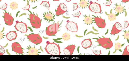 Hand drawn abstract dragon fruit pattern with plant parts and sliced food. Seamless pattern for textile, wrapping paper, posters. Fashion textures. Stock Vector