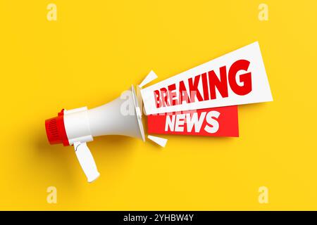 Megaphone broadcasting breaking news on yellow background. Digital communication and breaking news concept. Perfect for marketing campaigns needing at Stock Photo