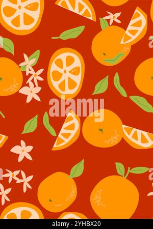 Abstract vertical orange poster, vector flat illustration. Summer or autumn bright pattern with tropical citrous fruit, modern cover design. Can used Stock Vector