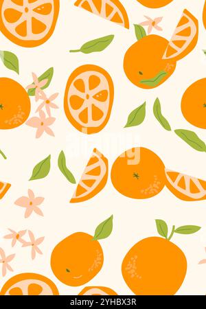Abstract vertical orange poster, vector flat illustration. Summer or autumn bright pattern with tropical citrous fruit, modern cover design. Can used Stock Vector