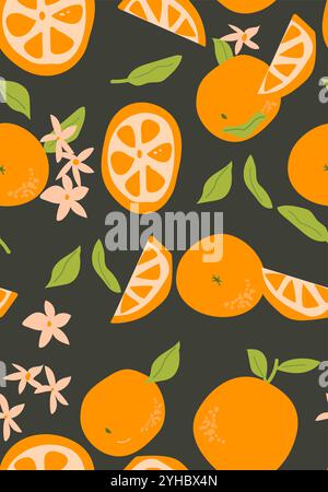 Abstract vertical orange poster, vector flat illustration. Summer or autumn bright pattern with tropical citrous fruit, modern cover design. Can used Stock Vector