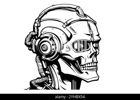 Hand-Drawn AI Robot Cyborg in a Timeless Vintage Engraved Style. Vector Illustration Stock Vector