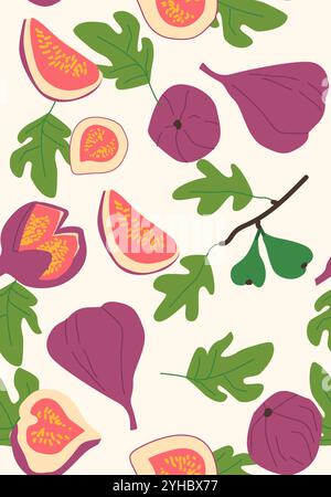 Abstract vertical figs poster, vector flat illustration. Summer or autumn bright pattern with fruit, harvest cover design. Can used for labels, market Stock Vector