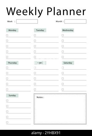 Weekly planner template. Simple design for scheduling and planning your weekly activities. Stock Vector