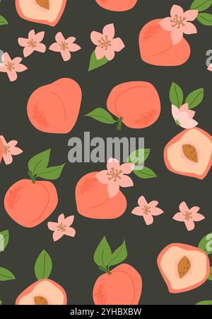 Abstract vertical peach poster, vector flat illustration. Summer or autumn bright pattern with tropical fruit, harvest cover design. Can used for labe Stock Vector