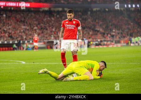 Lisboa, Portugal. 10th Nov, 2024. (L-R) Nicolás Otamendi and Anatoliy Trubin of Benfica seen in action during the 11th round of the Liga Portugal Betclic, between Benfica and Porto. Final score; Benfica 4:1 Porto. Credit: SOPA Images Limited/Alamy Live News Stock Photo