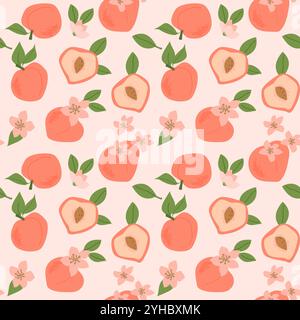 Hand drawn abstract fruit peach pattern with plant parts and sliced food. Seamless pattern for textile, wrapping paper, posters. Fashion textures. Stock Vector