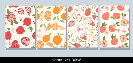 Abstract modern posters with fruits, flat design collection. Set of Vertical cards with tropical fruits whole, slices, pieces. Pomegranate, orange, dr Stock Vector