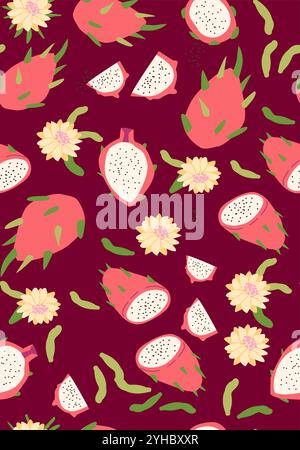 Abstract vertical fruit poster, vector flat illustration. Summer or autumn bright pattern with tropical fruit, harvest cover design. Can used for labe Stock Vector