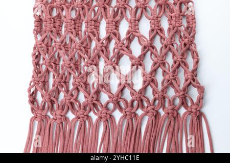 Handmade macrame shopping bag on white background, top view Stock Photo