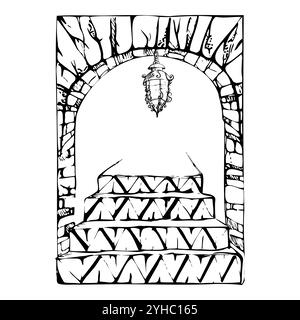 Patio garden arch opening portal with geometric azulejo wall tiles and stairs steps, hanging cast iron lantern. Hand drawn ink vector illustration Stock Vector