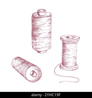 Red thread bobbins spools skeins yarn. Hand drawn ink vector illustration sewing craft embroidery stitching supplies. Set of objects isolated on white Stock Vector