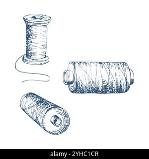 Indigo thread bobbins spools skeins yarn, sewing craft embroidery stitching supplies. Hand drawn ink vector illustration. Objects set isolated on Stock Vector