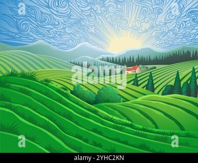 Fields Hills Farm House Landscape Background Stock Vector