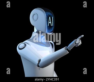 3d rendering humanoid robot or ai cyborg with ai face finger point isolated on black Stock Photo