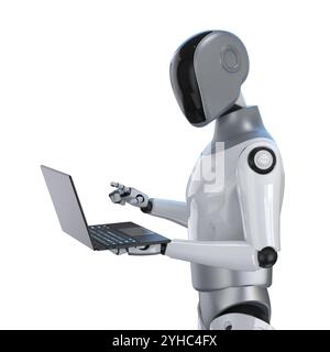 3d rendering humanoid robot or ai cyborg with black face hand hold notebook computer isolated on white Stock Photo