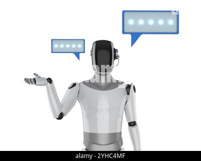 3d rendering humanoid robot or ai cyborg with speech bubble isolated on white Stock Photo