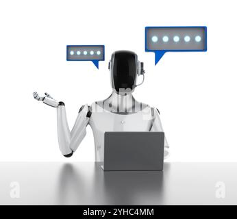 3d rendering humanoid robot or ai cyborg with speech bubble isolated on white Stock Photo